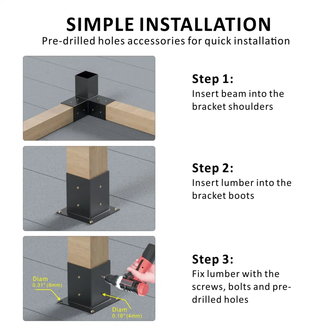 Custom OEM 3 Arm Black Pergola Corner Brace Hardware Pole Holder Bracket for 4X4′′ 6X6′′ Wood Posts